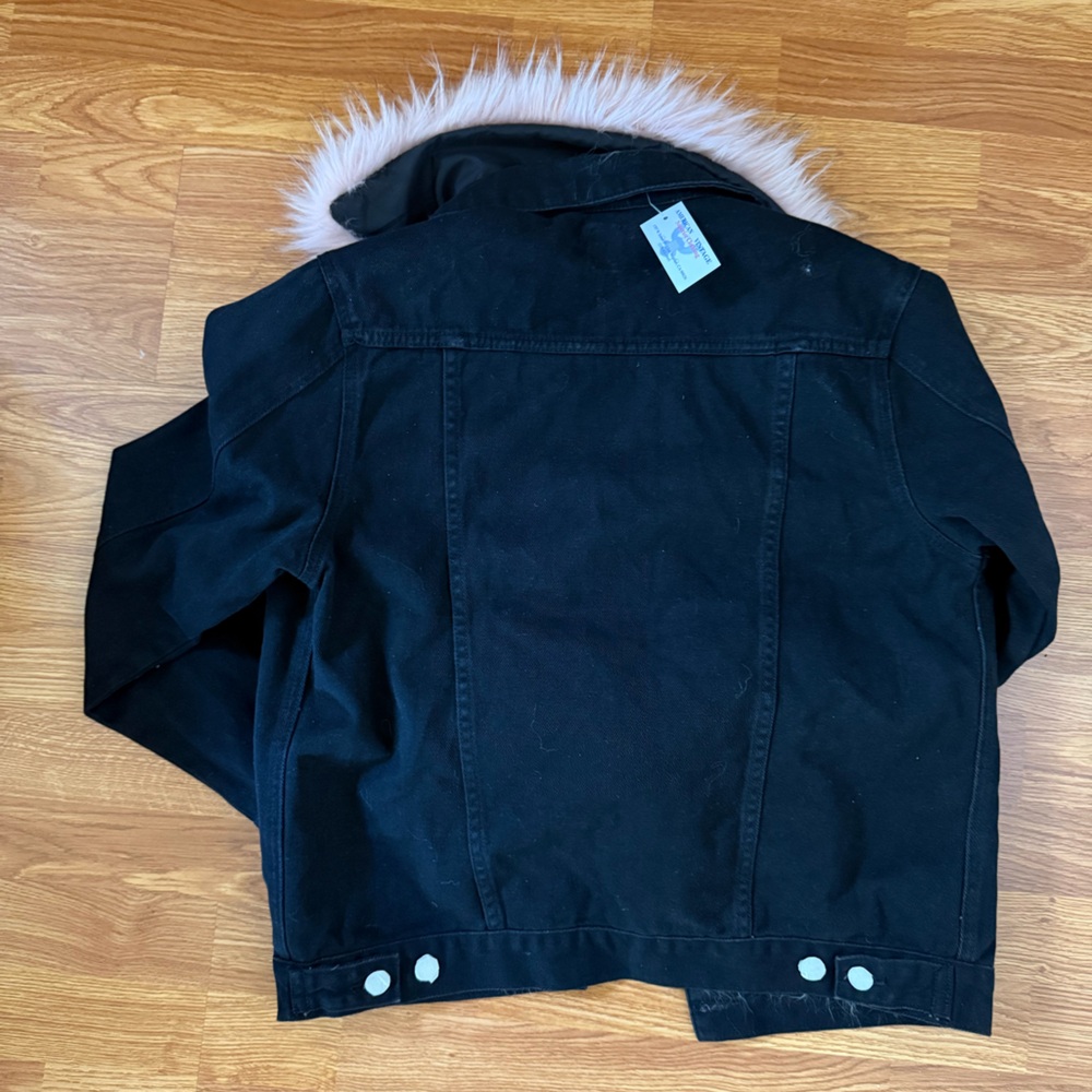 Black Jean Jacket with Pink Faux Fur Lining and Collar - Picture 5 of 7